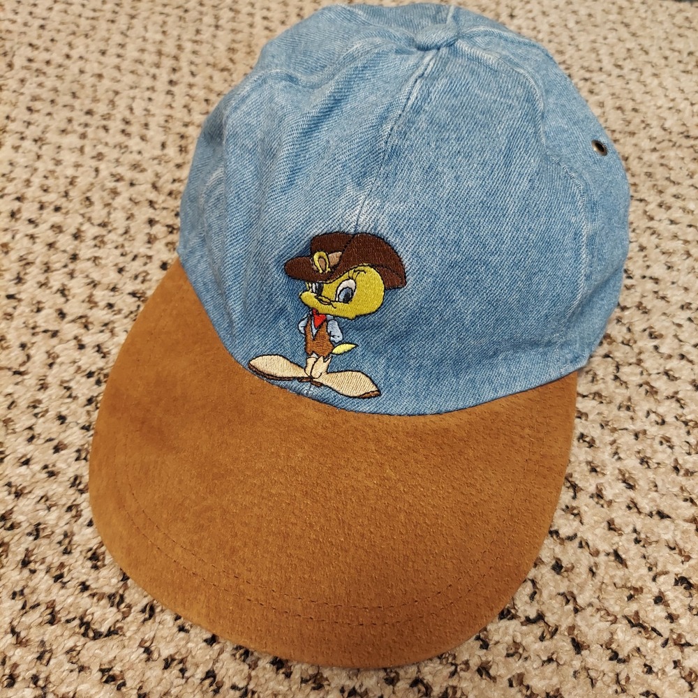 Vintage 1996 Looney Tunes Tweety Bird Cowboy Hat Denim Suede Kids Cap 90s‎